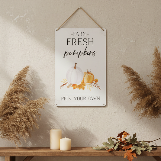 Decorative sign with 'Farm Fresh Pumpkins' text and illustrations on a wall above a wooden shelf.