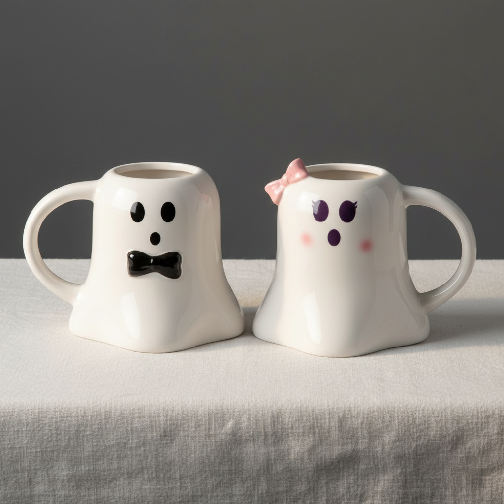 Mr and Mrs Boo Ghost Shaped Mug Set | Halloween Couples Gift & Spooky Mug Duo