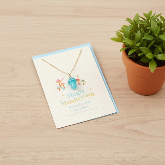 Blue Aura Crystal Mushroom Necklace Greeting Card
