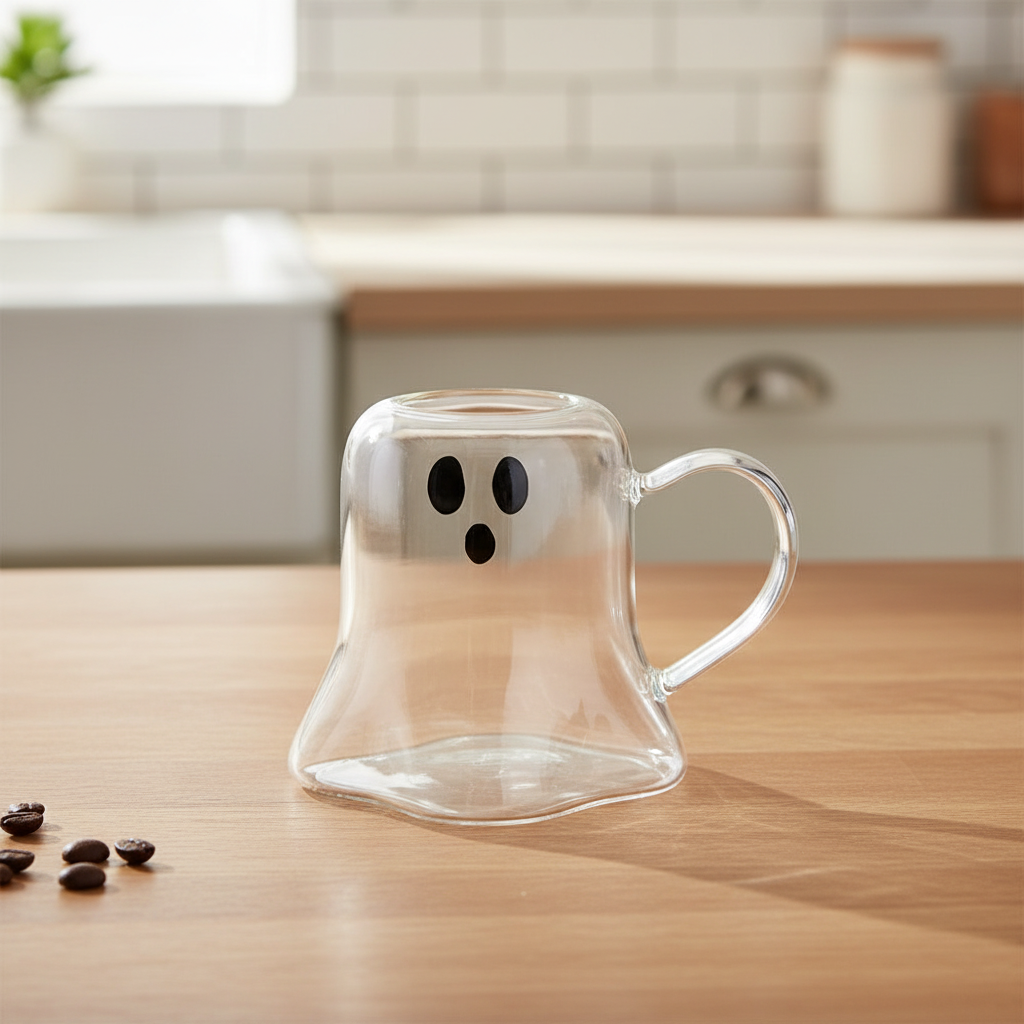 Clear glass mug with ghost design on a wooden table in a kitchen setting
